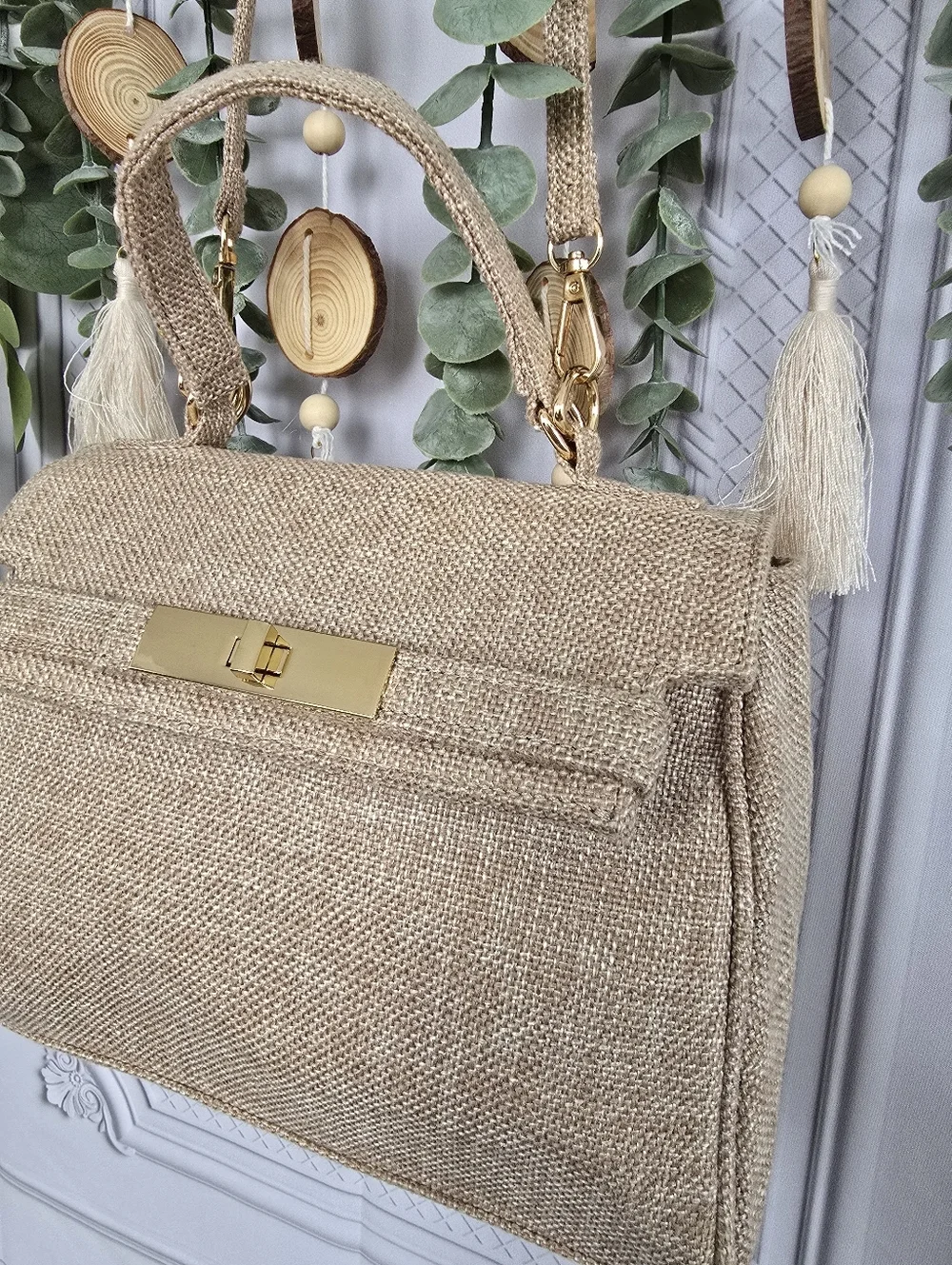 3AM Coastal Woven Natural Linen Satchel with Gold Hardware Crossbody Handbag